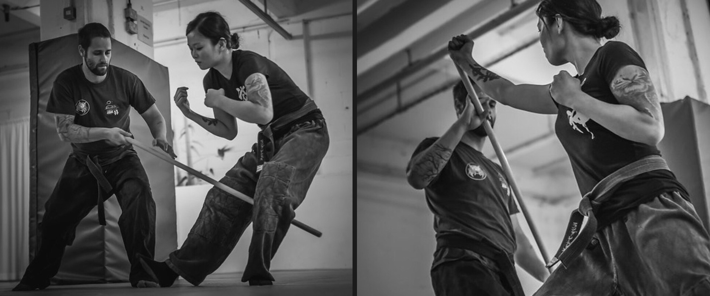 Students and teachers performing the martial art Ninjutsu, in Cardiff